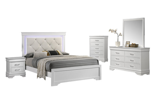 LGF9665Q Diamond Tufted Faux Leather White Headboard Pattern Bed with Led Lights