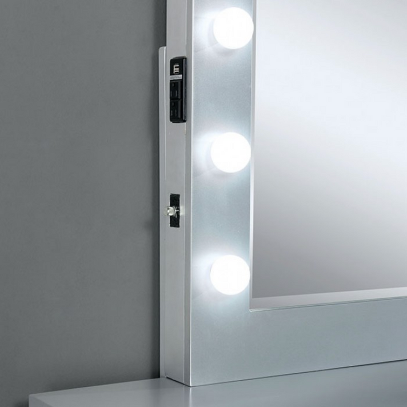 LGFAMARGRET White Vanity With 9 Mirrored Drawers and Hollywood Style Mirror